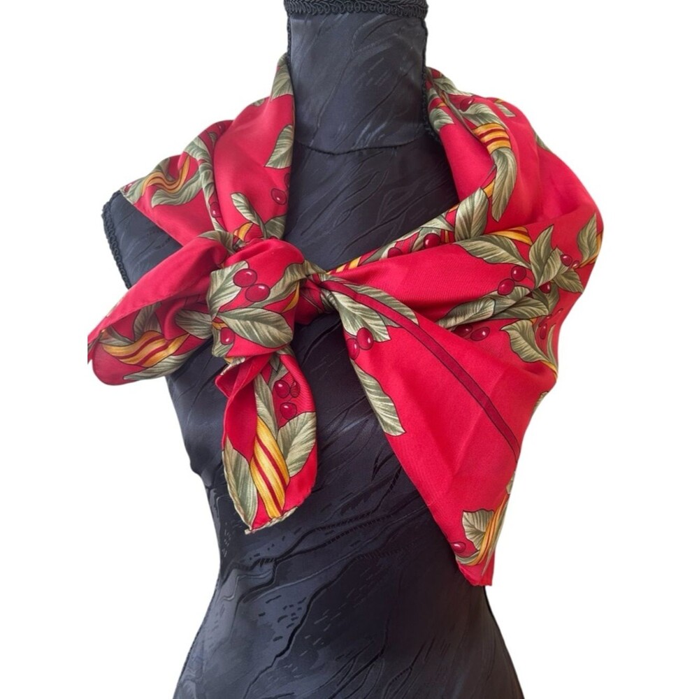 Oscar De La Renta Signed Silk Scarf - Red Botanical Print Leaves & Berries - 35”